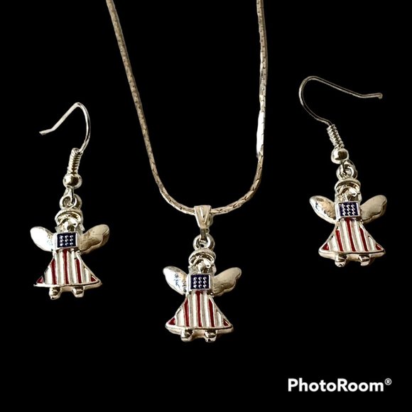 USA American Flag Necklace Earrings Set Angel Patriotic July 4th Enamel 18" - Picture 2 of 12